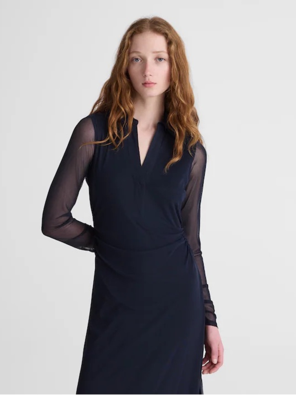 Madewell Long-Sleeve Polo Mesh Midi Dress sheer sleeves size small minimalist